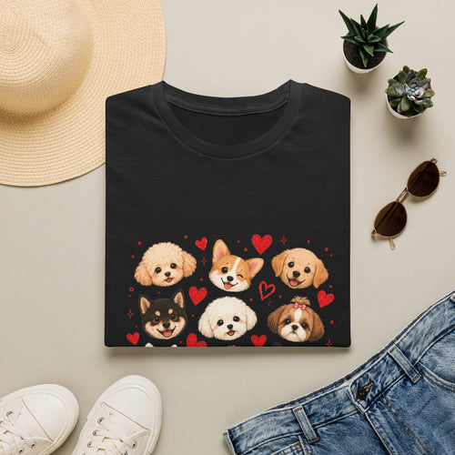 Cute Dog Faces T-Shirt — Pomeranian, Corgi & Puppy Hearts Graphic Tee