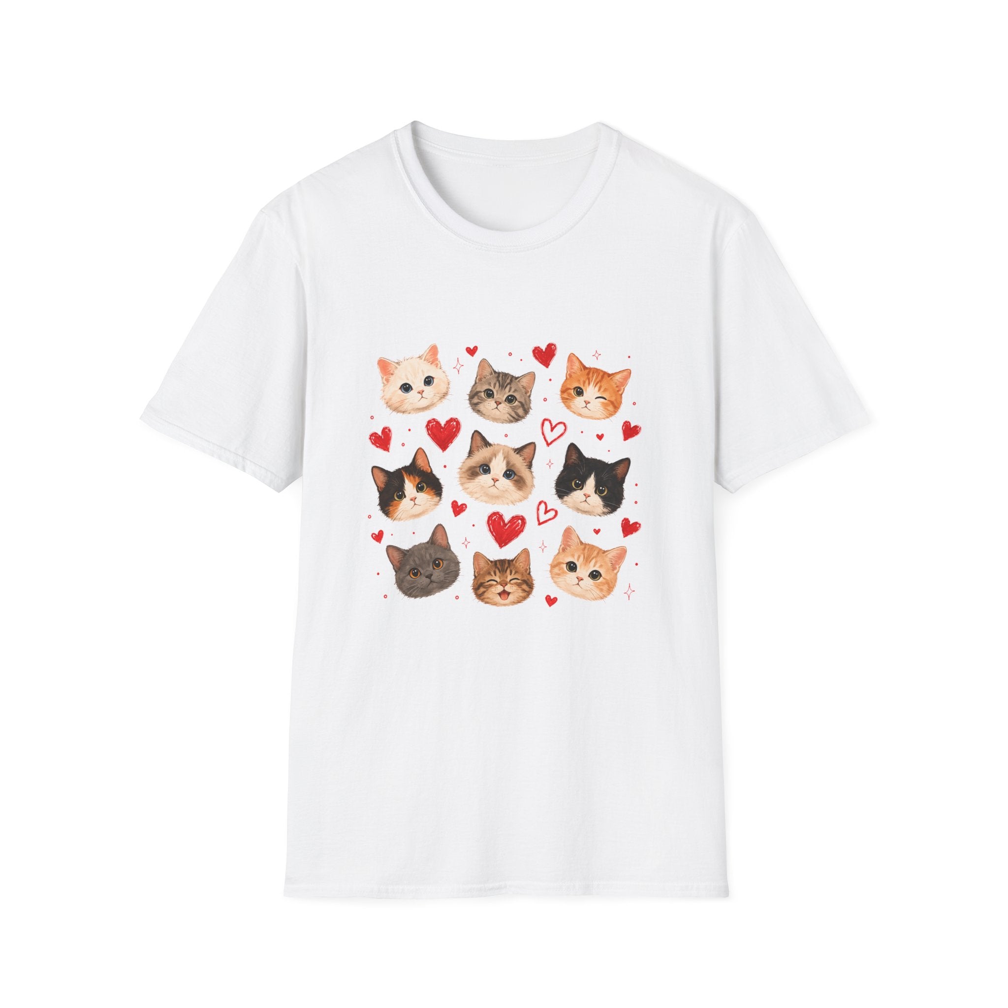 Cat Faces & Hearts T-Shirt — Cute Kitten Graphic Tee for Cat Lovers
