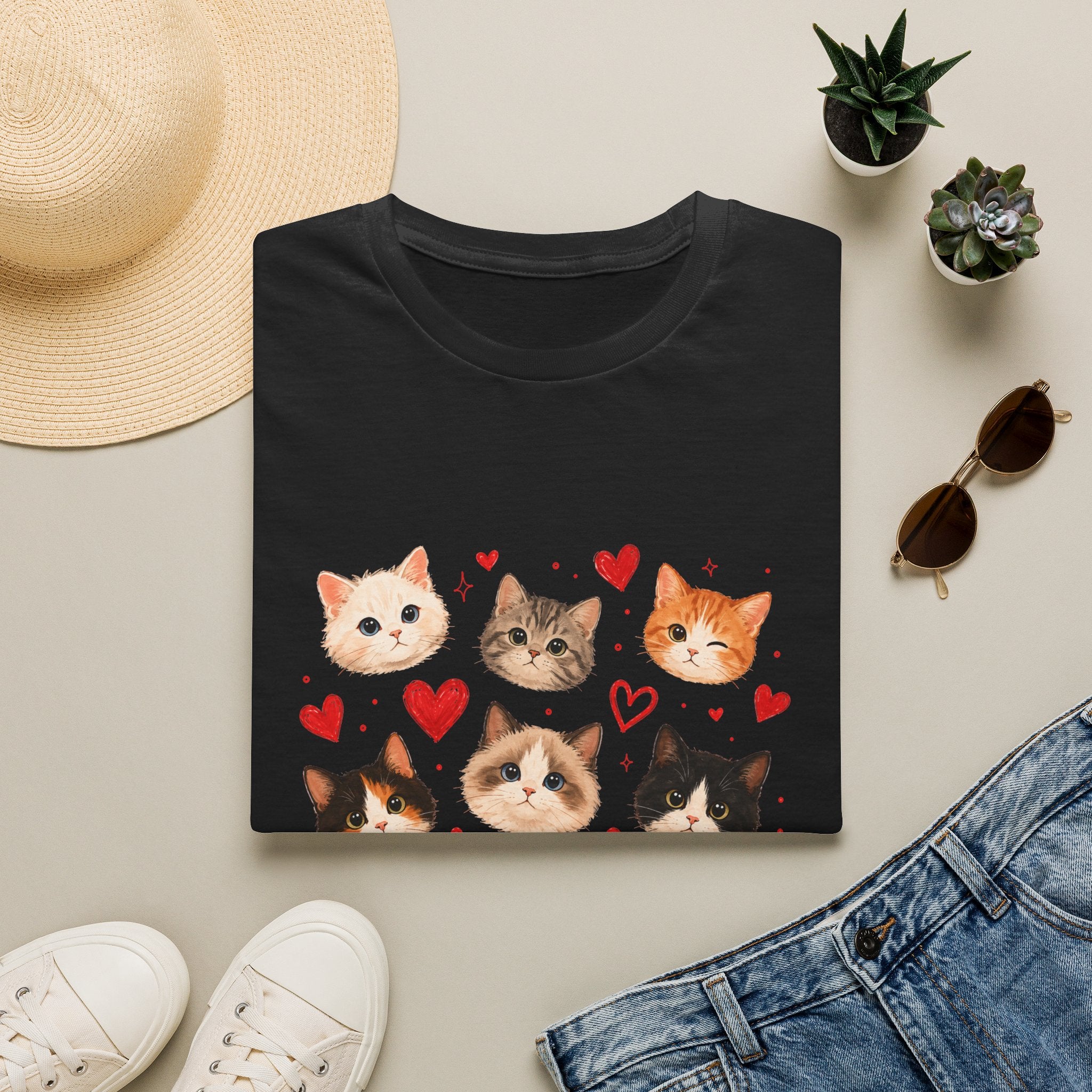 Cat Faces & Hearts T-Shirt — Cute Kitten Graphic Tee for Cat Lovers