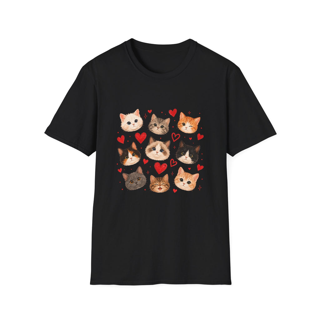 Cat Faces & Hearts T-Shirt — Cute Kitten Graphic Tee for Cat Lovers