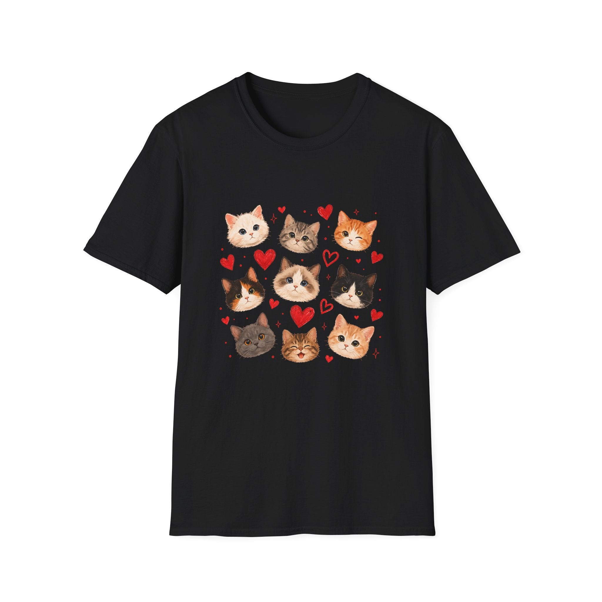 Cat Faces & Hearts T-Shirt — Cute Kitten Graphic Tee for Cat Lovers