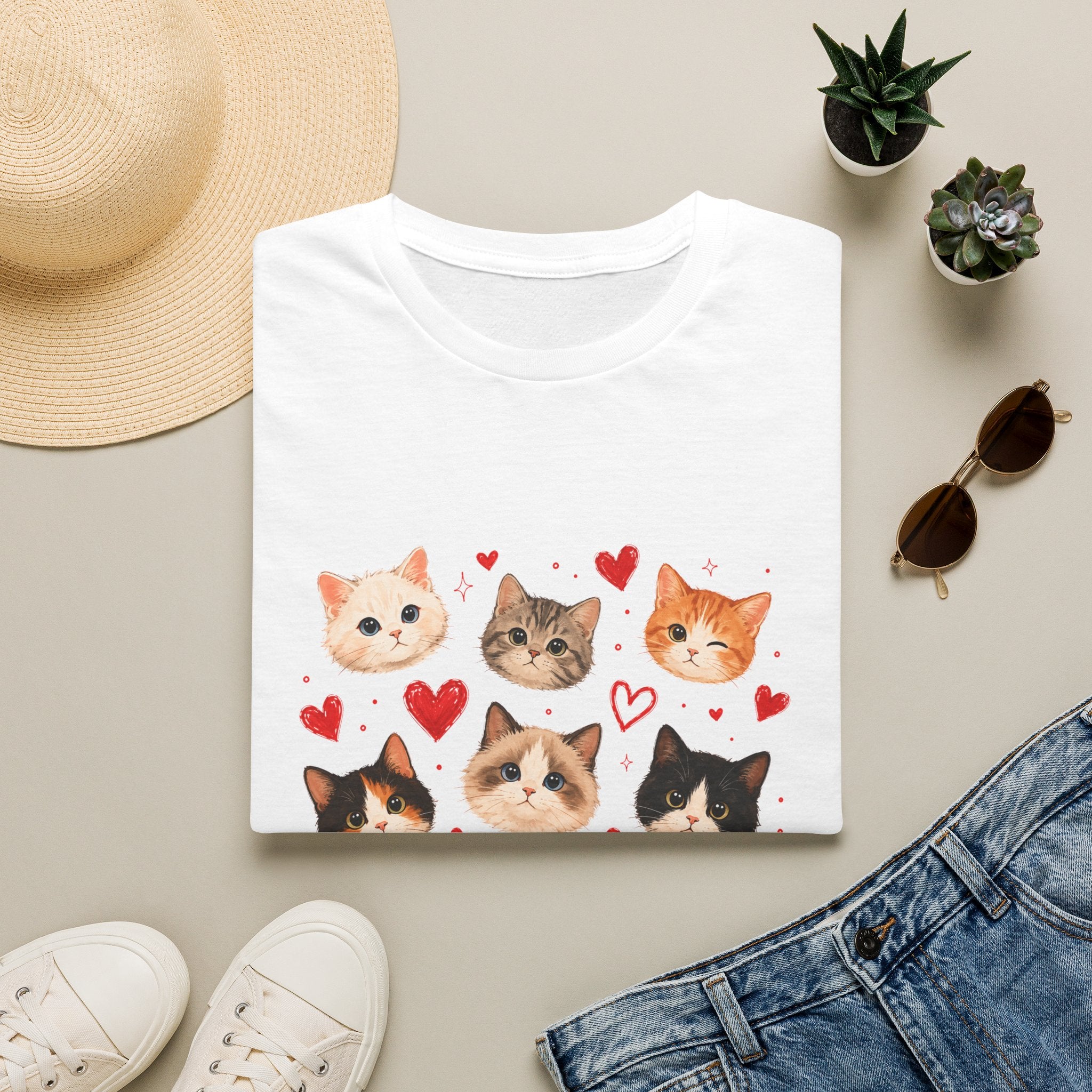 Cat Faces & Hearts T-Shirt — Cute Kitten Graphic Tee for Cat Lovers
