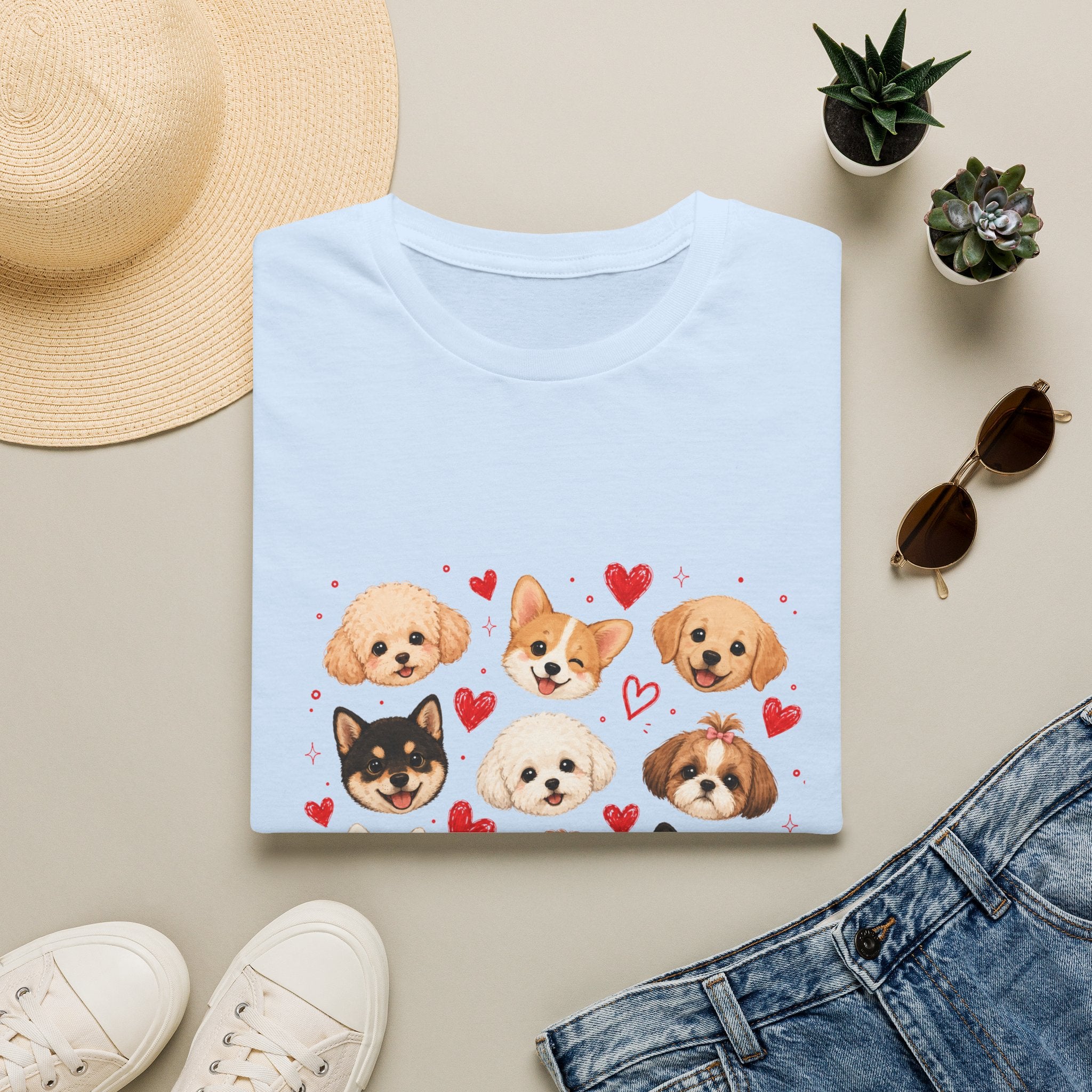 Cute Dog Faces T-Shirt — Pomeranian, Corgi & Puppy Hearts Graphic Tee