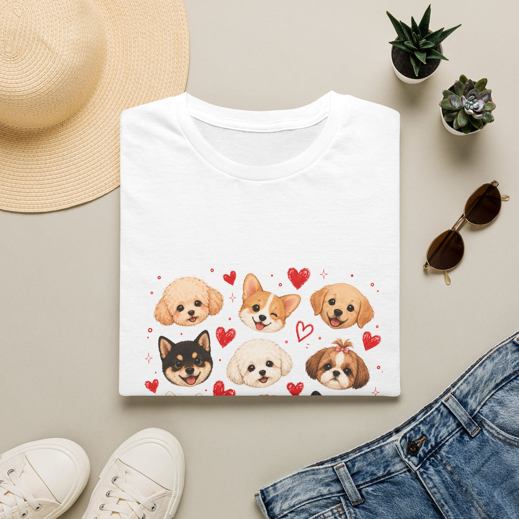 Cute Dog Faces T-Shirt — Pomeranian, Corgi & Puppy Hearts Graphic Tee