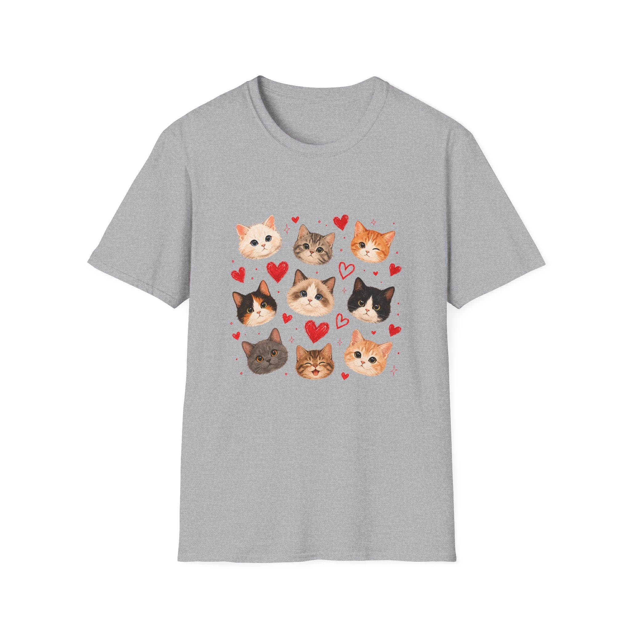 Cat Faces & Hearts T-Shirt — Cute Kitten Graphic Tee for Cat Lovers