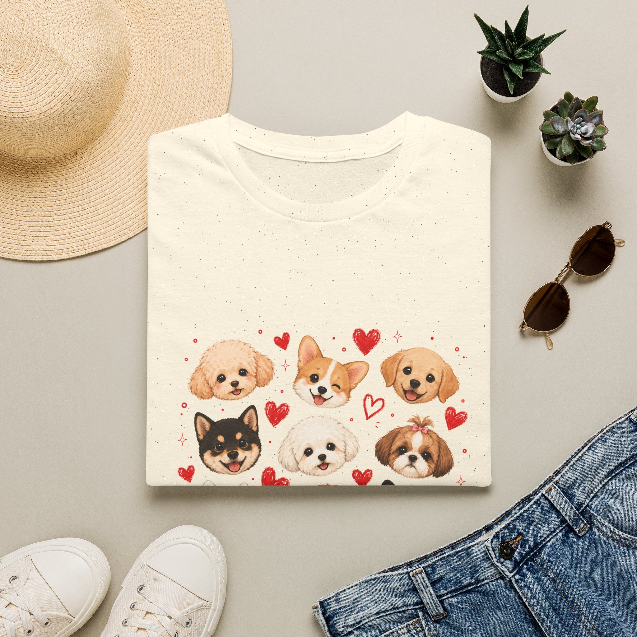 Cute Dog Faces T-Shirt — Pomeranian, Corgi & Puppy Hearts Graphic Tee