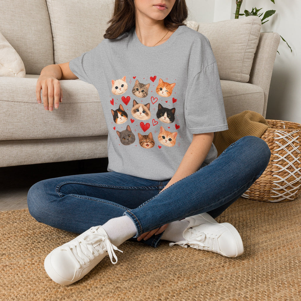 Cat Faces & Hearts T-Shirt — Cute Kitten Graphic Tee for Cat Lovers
