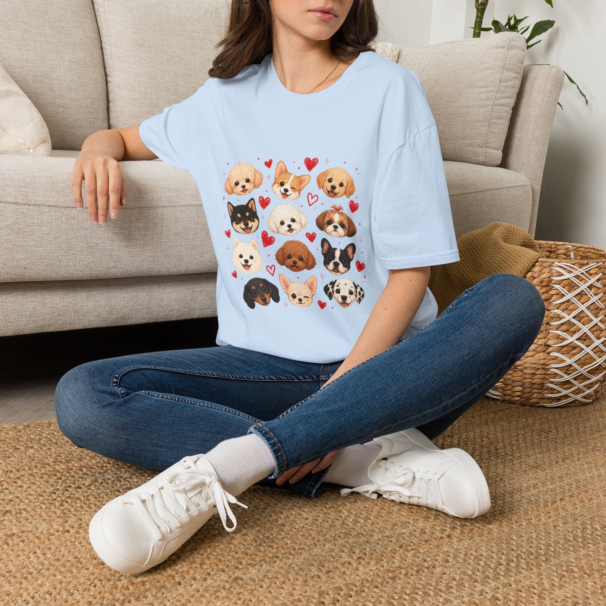 Cute Dog Faces T-Shirt — Pomeranian, Corgi & Puppy Hearts Graphic Tee