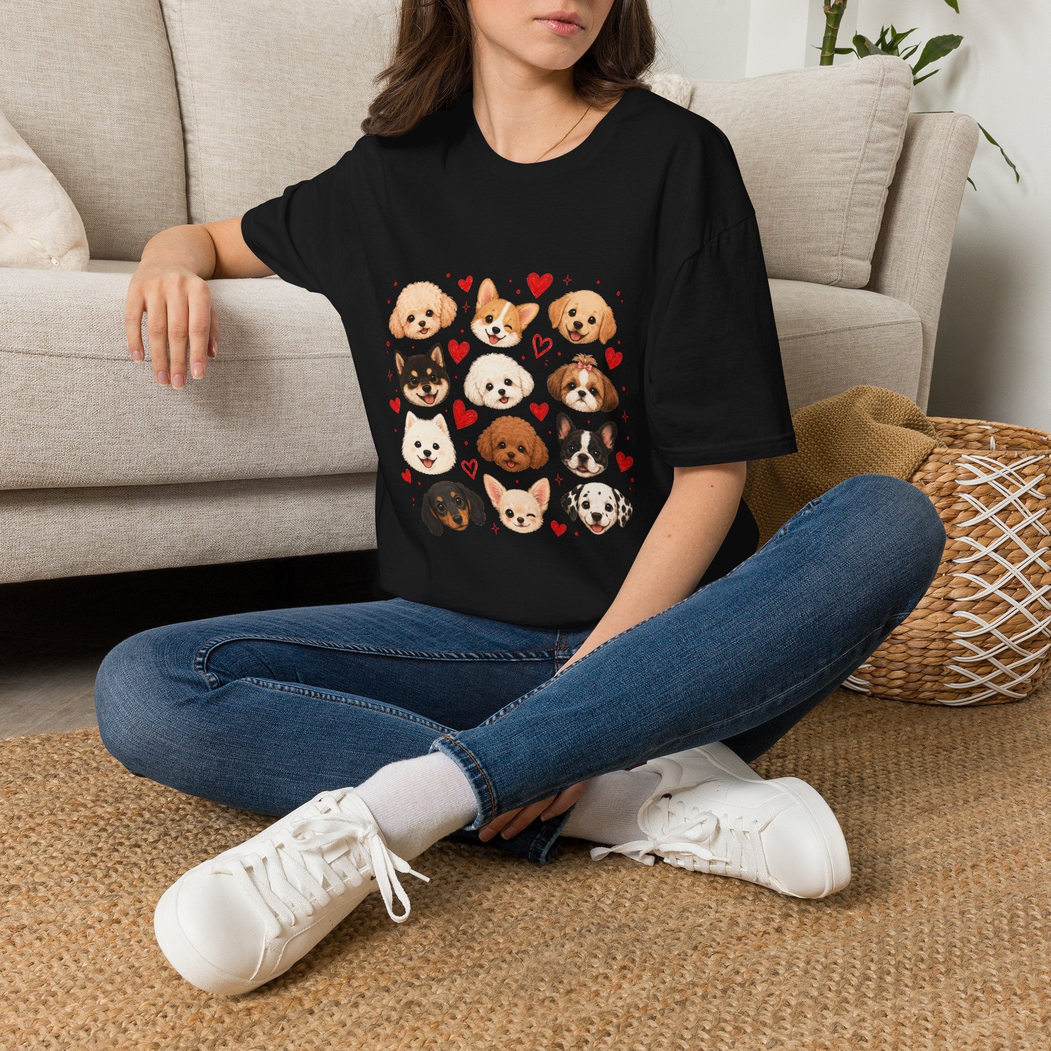 Cute Dog Faces T-Shirt — Pomeranian, Corgi & Puppy Hearts Graphic Tee