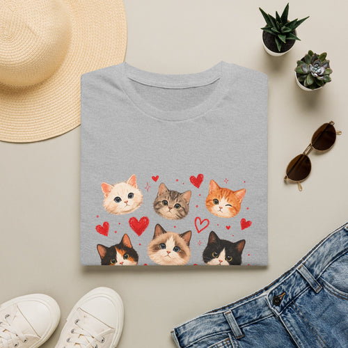 Cat Faces & Hearts T-Shirt — Cute Kitten Graphic Tee for Cat Lovers