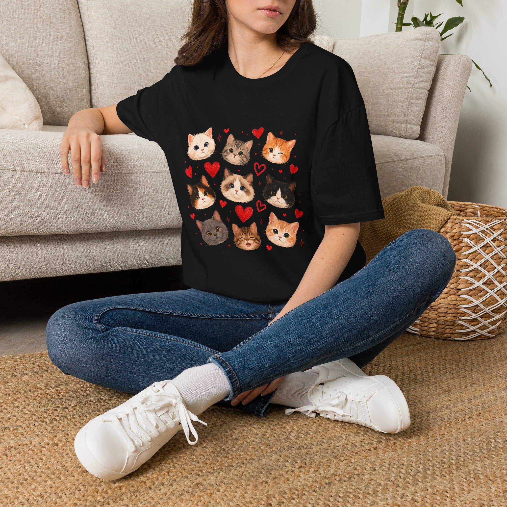 Cat Faces & Hearts T-Shirt — Cute Kitten Graphic Tee for Cat Lovers