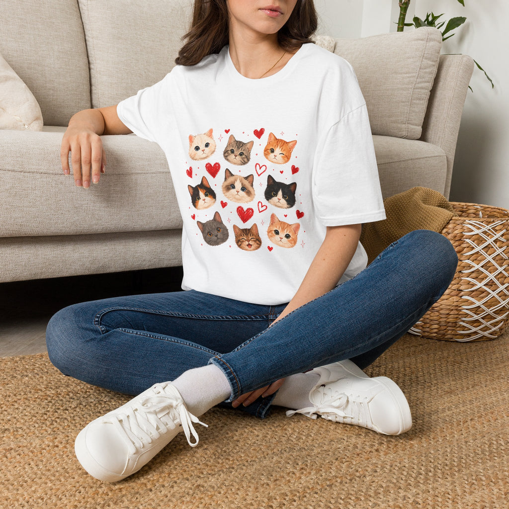 Cat Faces & Hearts T-Shirt — Cute Kitten Graphic Tee for Cat Lovers
