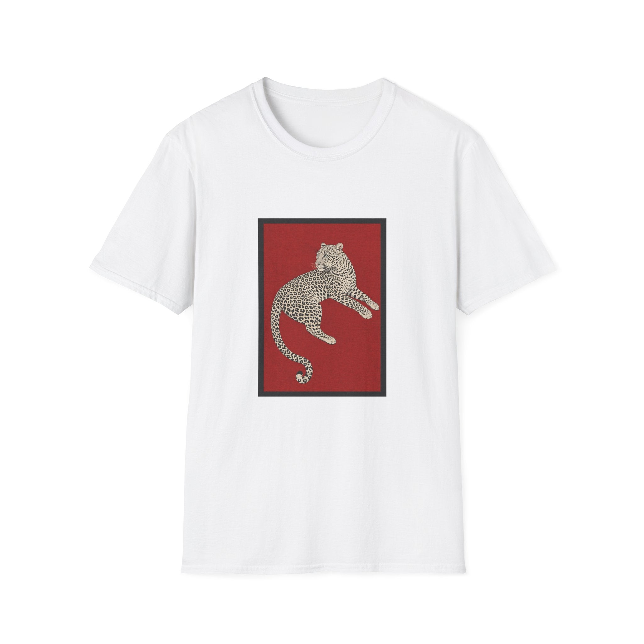 Leopard Art Tee — Vintage Leopard Illustration on Red Background T-Shirt