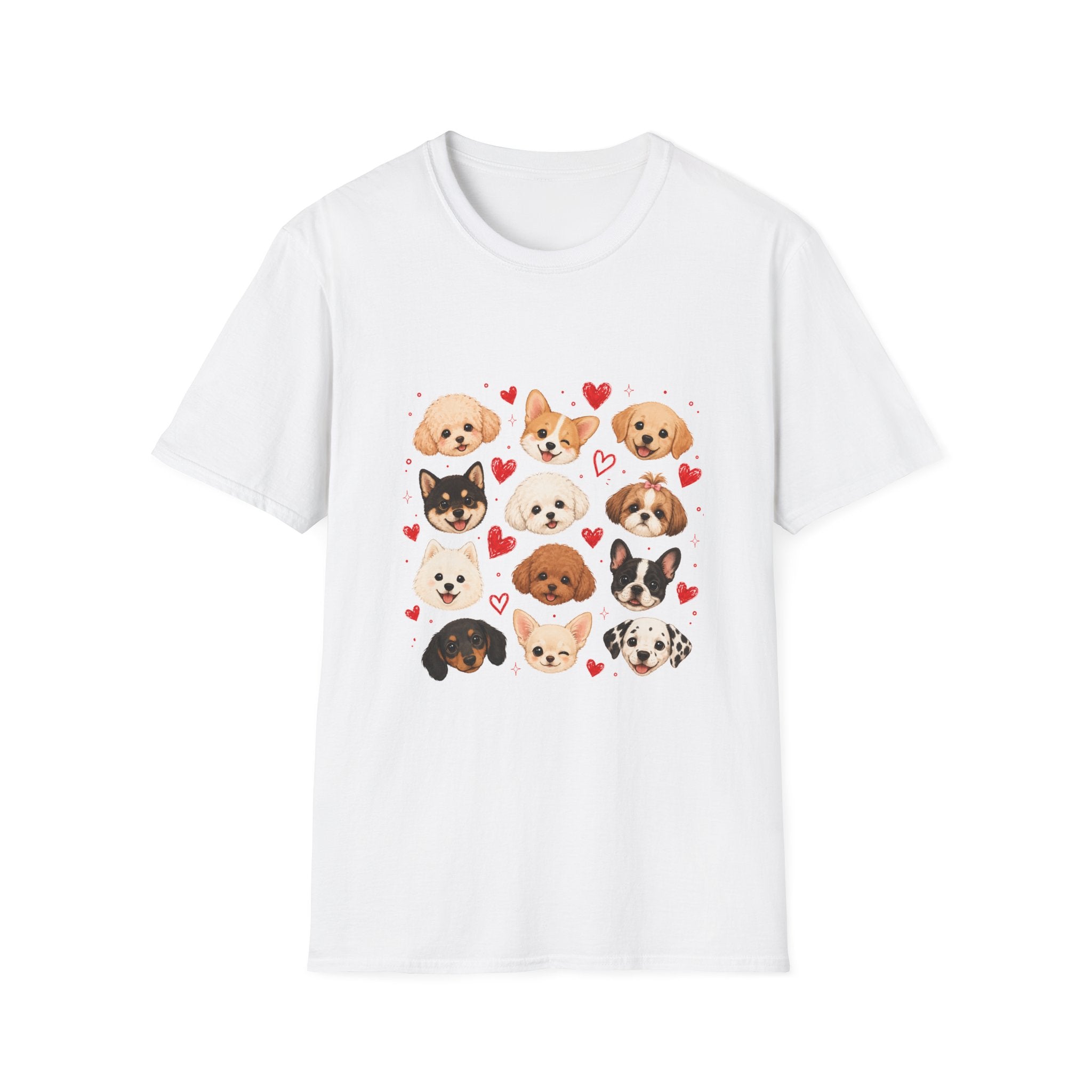 Cute Dog Faces T-Shirt — Pomeranian, Corgi & Puppy Hearts Graphic Tee