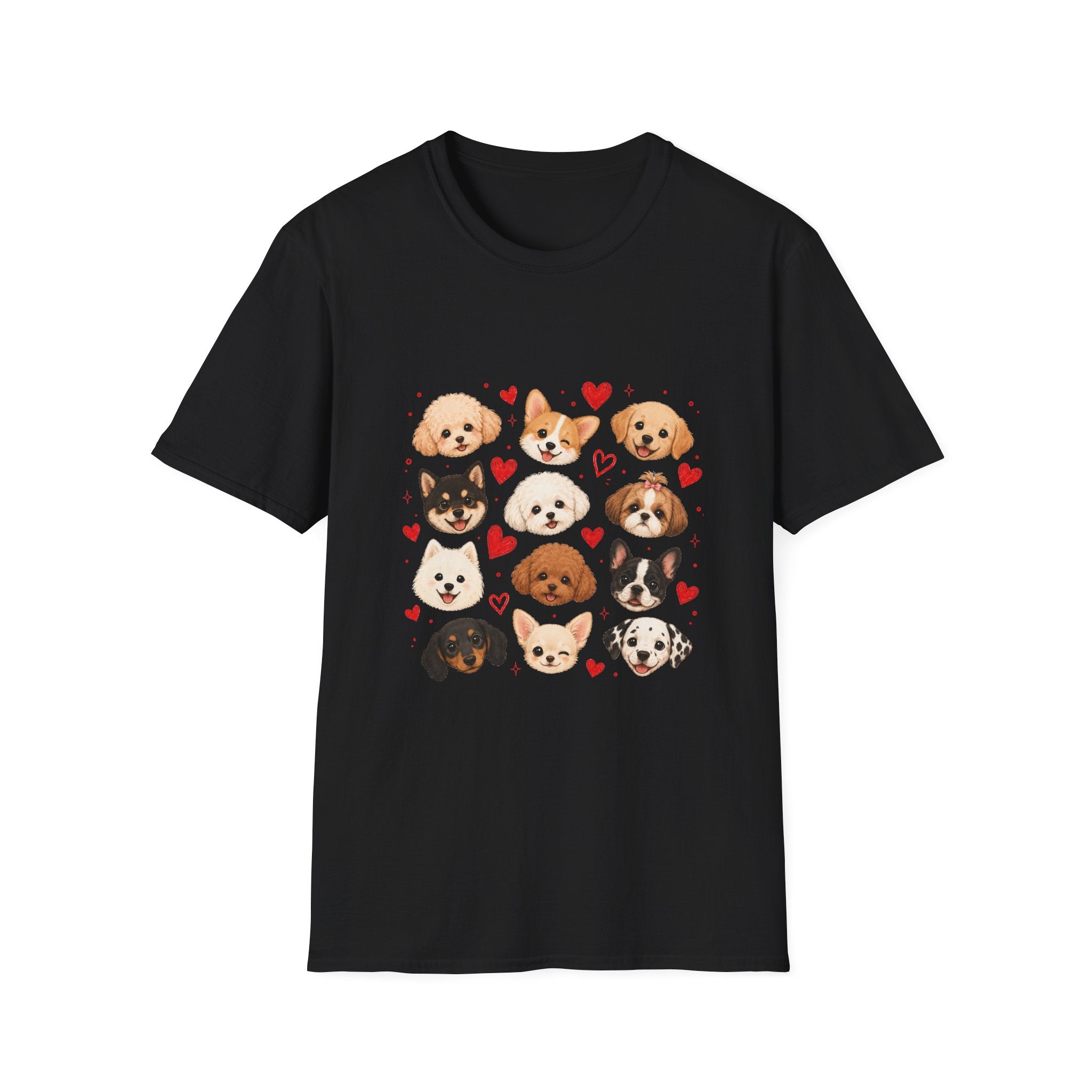 Cute Dog Faces T-Shirt — Pomeranian, Corgi & Puppy Hearts Graphic Tee