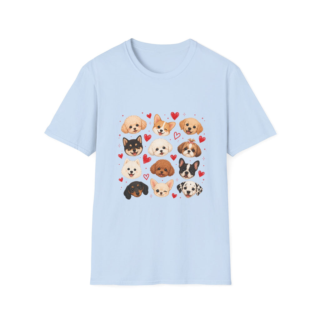 Cute Dog Faces T-Shirt — Pomeranian, Corgi & Puppy Hearts Graphic Tee
