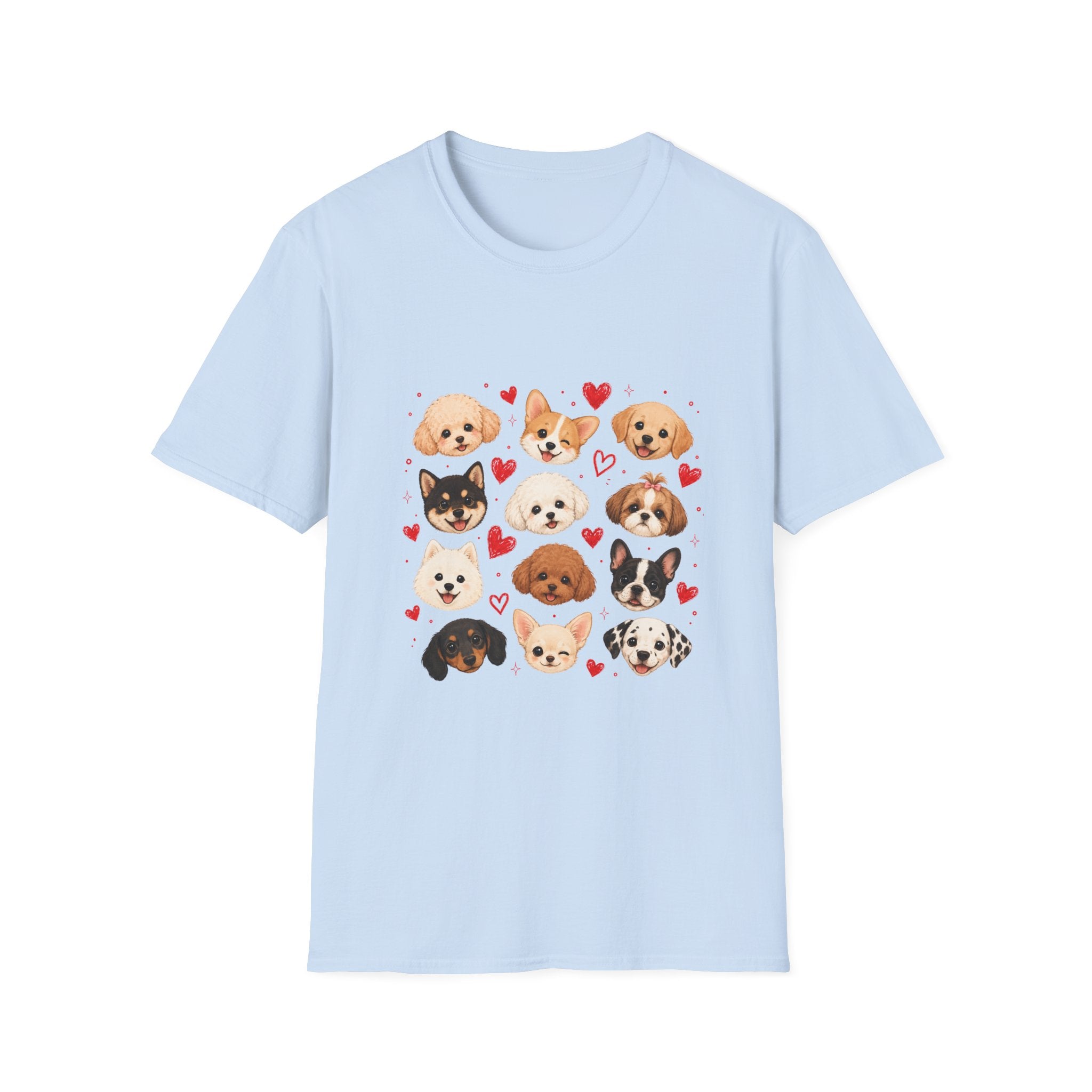 Cute Dog Faces T-Shirt — Pomeranian, Corgi & Puppy Hearts Graphic Tee
